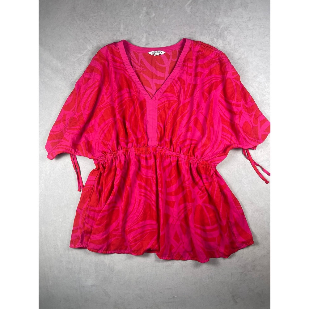 The Pioneer Woman Pink Red Abstract V-Neck Elastic Waist Blouse XL 912P817PW